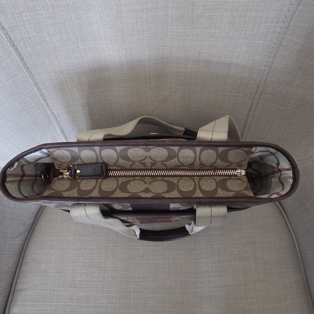 Coach Brown Signature Canvas Tote with Red Logo and Dark Brown Stripe - Picture 10 of 16